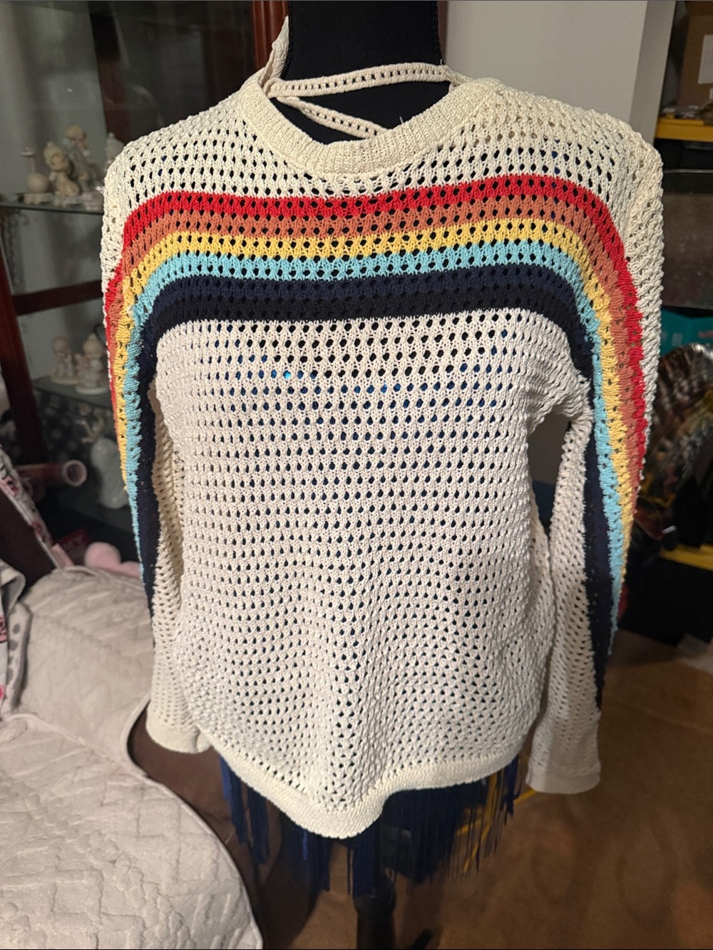 Cream Open-Knit Sweater with Rainbow Stripe Detail - Picture 1 of 6
